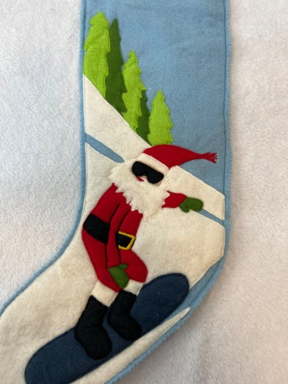 Garnet Hill Wool Christmas Stocking Light Blue Santa Snowboarding 24
